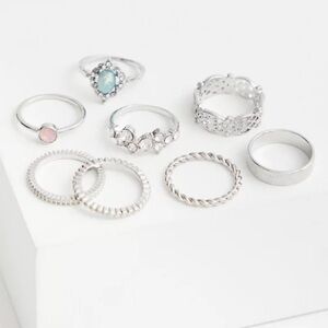 SILVER-TONE TEAL FAUX MOONSTONE RING SET -SET OF 8